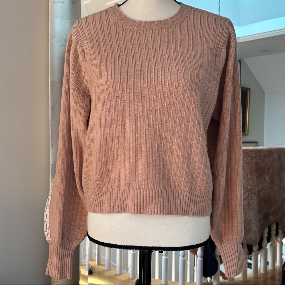 See by Chloe Wool Blend Knit Lace Sleeve Crewneck Sweater Cameo Rose Size M $325 - Picture 11 of 14